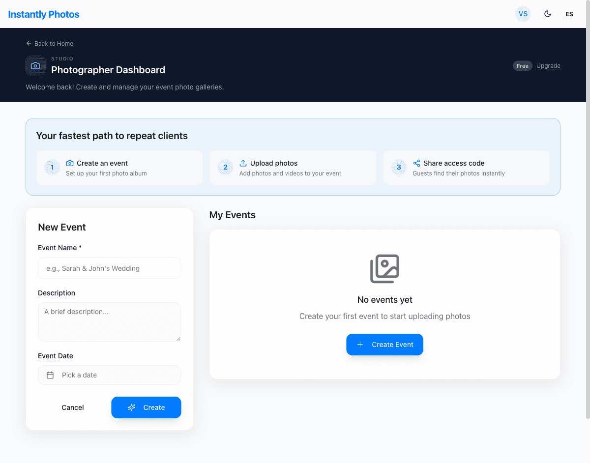 Create event form showing event name, description, and date fields