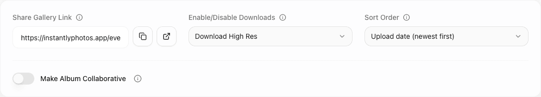 Album settings showing share link, download options, sort order, and collaborative toggle